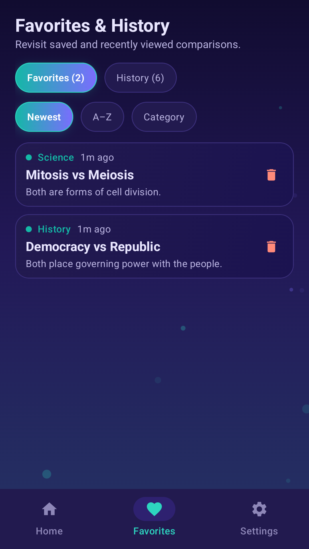Concepts Compare favorites screen