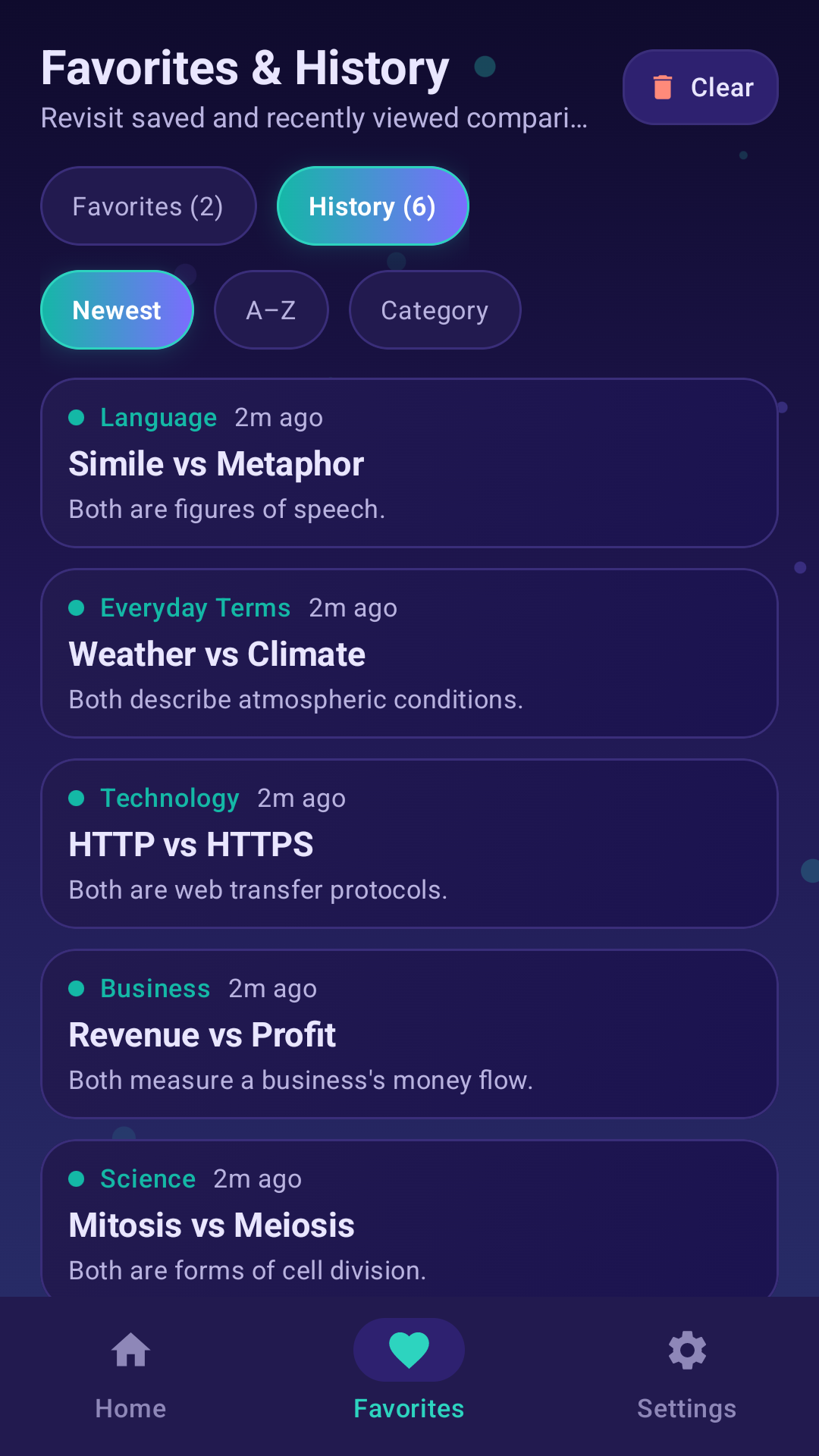 Concepts Compare history screen
