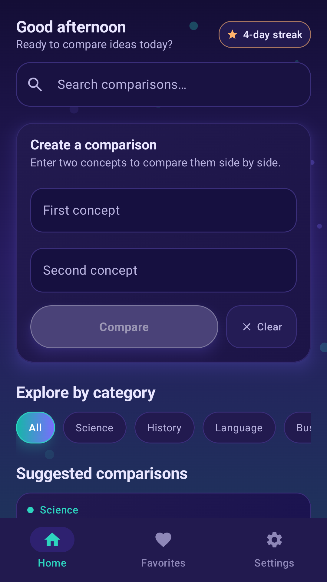 Concepts Compare home screen